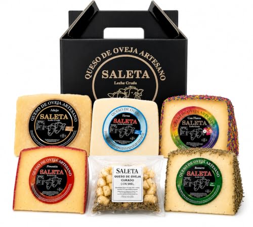SALETA® Cesta Quesos Gourmet Regalo | 5 Cuñas Queso Semicurado al Romero, Pimentón y con Flores, Tierno, Añejo y con Miel | Surtido de Quesos "Pack Sensaciones" 1,5Kg
