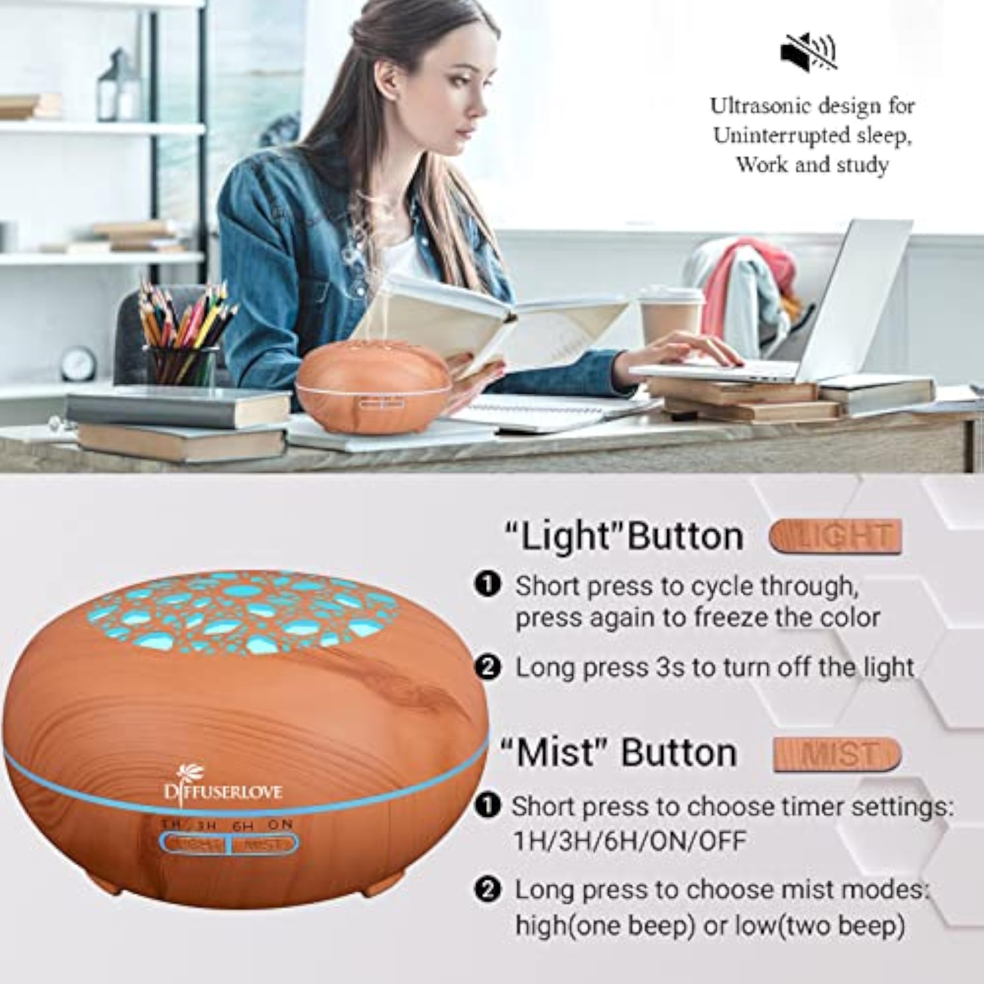 550ML Remote Control Essential Oil Diffuser, Wood Grain