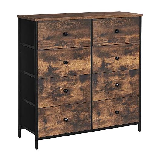 SONGMICS Industrial Dresser Storage Tower, Metal Frame, Wooden Top and Front, 8 Fabric Drawers, Rustic Brown + Black