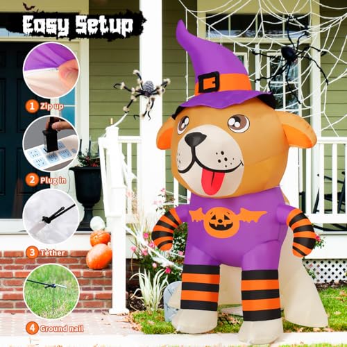 Image of GOOSH 6 FT Halloween Inflatables Dog Outdoor Decorations Blow Up Yard Cute Puppy Wearing Pumpkin Outfit and Witch's Hat with Built-in LEDs for Garden Lawn Indoor Party Decor