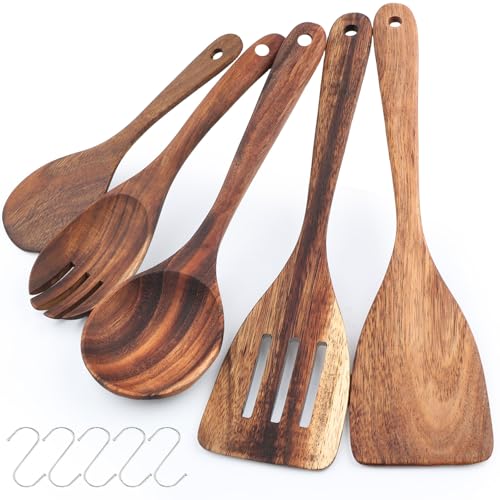 SneiDr Set d'ustensiles de cuisine en bois d'Acacia 5 pcs Lot de Cuillères en Bois avec Spatule Louche Cuillère à Riz Ustensiles à Salade Compatible...