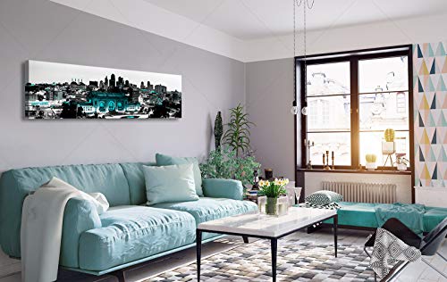 Kansas City Wall Art Black And White Usa City Decor Teal Turquoise Night View Skyline Canvas Industrial Wall Paintings Print Homes Modern Artwork Office Pictures For Living Room Decorations 14"X48 " #TOP1