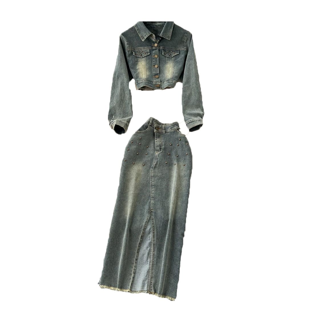 Women Vintage Rivet Short Denim Set Streetwear Hip Hop Slim Coat Mid-Length Skirt Suit