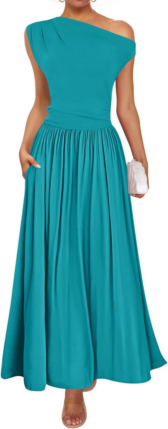 ZESICA Women's Summer 2025 Sleeveless Maxi Dress One Shoulder Casual Slim Swing Pleated Formal Dresses with Pockets