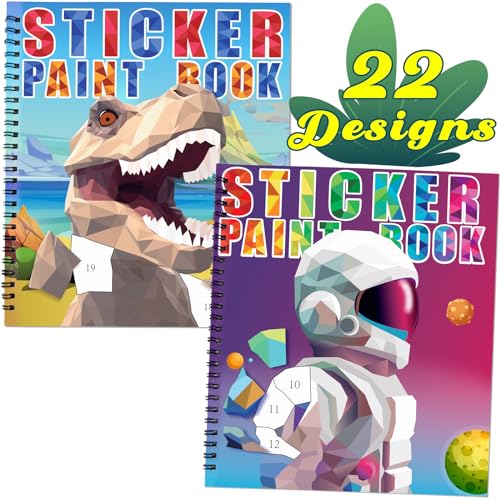 Image of 90shine 2PCS Sticker Books for Kids Boys Ages 4-8 Dinosaur Space Designs Party Gift Create 22 Pictures
