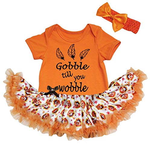 Petitebella Feathers Gobble Till You Wobble Baby Dress Nb-18m (Orange/Turkey Dots, 6-12 Months)