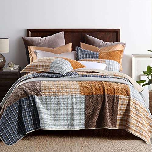 Image of Secgo Quilt King Size - 100% Cotton Bedding Set (98 * 106 Inch) with 2 Pillow Shams, Patchwork Reversible Lightweight Bedspread, Quilted Coverlet Fit All-Season