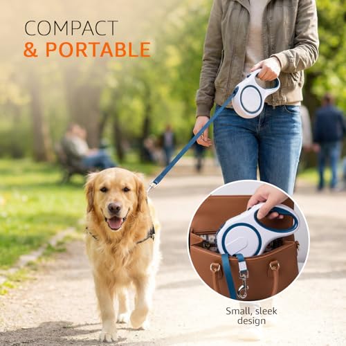 Image of Amazon Basics Retractable Dog Leash | 5 Meter | for Large Dogs Up to 50 Kg | Heavy Duty Leash for Pets | Strong Nylon Tape, Anti-Slip Handle, Built in Spring, One-Click Brake Pause | Grey & Blue