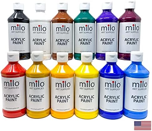 milo Acrylic Paint Set of 12 Colors | 8 oz Bottles | Student Primary Colors Acrylics Painting Pack | Made in the USA | Non-Toxic Art & Craft Paints for Artists, Kids, & Hobby Painters