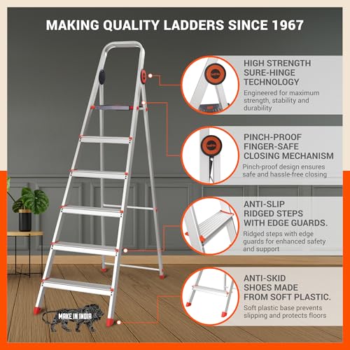 Image of Bathla Advance Pro 6-Step Foldable Aluminium Ladder for Home | Heavy-Duty & Anti-Slip Steps with Sure-Hinge Technology | 7-Year Manufacturer Warranty | Orange