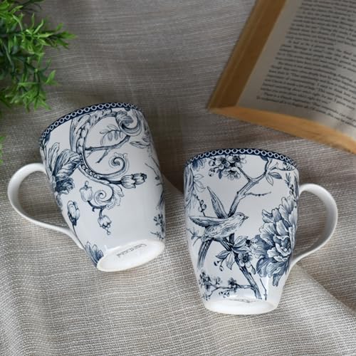 Image of Devnow Adelaide Blue Porcelain Mug Set of 4 - 280ml | Blue Floral Printed Tea & Coffee Mugs | Microwave & Dishwasher Safe | Elegant Gift Set | Premium Daily Use Ceramic Cups