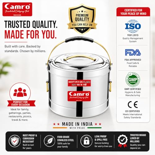 Image of Camro Sambar Pot Stainless Steel 25 Liters | Sambar Container with Lid | Casserole for Cooking | Canteen & Hotel Casserole Container | Picnic HotPot | Biryani Box Puff Insulated Hot & Cold Serving