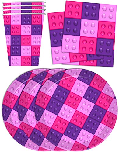 Pink Building Blocks Birthday Party Supplies Set Plates Napkins Cups Kit for 16