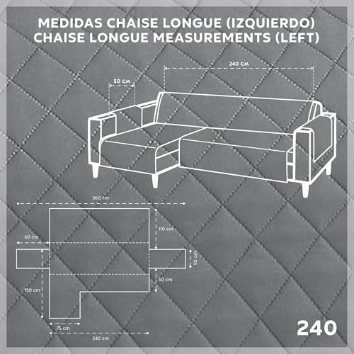 Textilhome Sofa Überzug MALU, Sofaüberwurf L Form Links, Sofaschutz Größe 240 cm, Couch Überzug Gepolstert, Sofaschoner SofaÜberwurf Schutzdecke, Universell, Haustierfreundlich, Grau