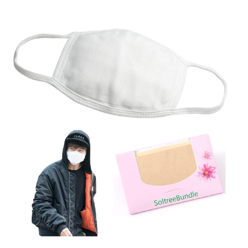 Made in Korea White Unisex Kpop Mask Basic Cotton Face Mouth Mask BTS EXO Mask with SoltreeBundle Oil Blotting Paper 50pcs (White Basic Mask)