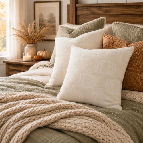 Image of Fall Pumpkin Throw Pillow Covers 22x22 Set of 2, Reversible Jacquard Chenille Cushion Cases Pumpkin Front Plaid Back, Cozy Farmhouse Autumn Decor for Living Room Sofa Couch Bed(Beige,22x22)