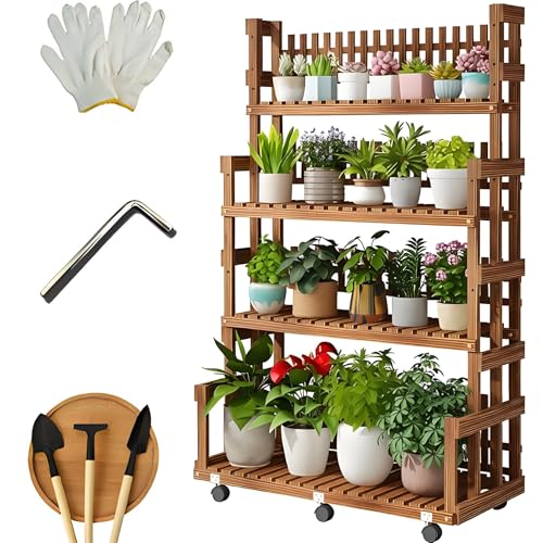 4-Tier Wooden Plant Stand, 90 cm Schowek na drabinę do użytku na zewnątrz, wytrzymały stojak na kwiaty z drewna sosnowego z drenażem do wystroju ogrodu domowego, ekologiczny naturalny design