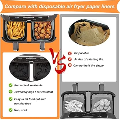 BYKITCHEN 2PCS Silikonform Heißluftfritteuse für Ninja Dual, Air Fryer Zubehör für AF300EU, wiederverwendbarer Rechteckig Silikon-Backkorb für Ninja Foodi 2 Frittierfächern Heißluft-Fritteuse – Bild 6