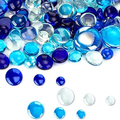300 Pieces Flat Glass Marbles, Flat Gems, Decorative Aquarium Glass Stones, Glass Marbles Beads, Pebbles for Vase Fillers Wedding Garden Centerpieces Decor (Clear, Light Blue, Dark Blue)