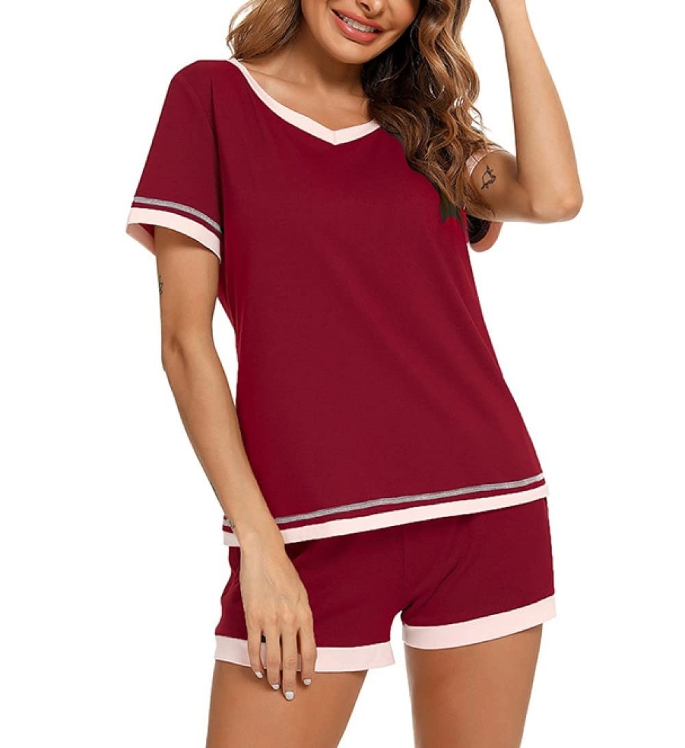 Pijama De Mujer Manga Corta,Borde Rosa Rojo Con Cuello En V Pijama De Manga Corta Para Mujer Conjunto De 2 Piezas Pijama Suave Y Cómodo Para Mujer Ropa De Descanso Regalo Del Día De La Madre Para