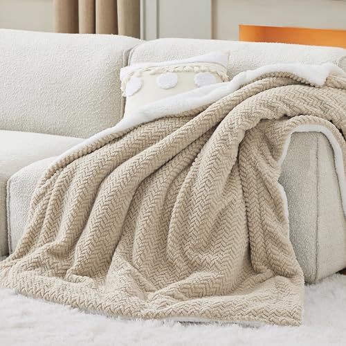 Bedsure Sherpa Fleece Throw Blanket for Couch - Herringbone Pattern Room Decor, Thick and Warm Christmas Blanket for Winter, GentleSoft Fuzzy Cozy Gifts for Women, Beige, 50x60 Inches