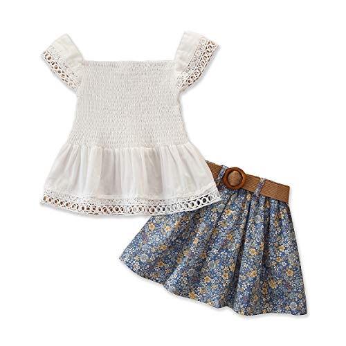 LXXIASHI 3PCS Toddler Baby Girl Skirt Set Flared Sleeve Off Shoulder Tube Top + Floral Pleated Skirt+ Belt (Lace Straps - White, 6-7 Years)