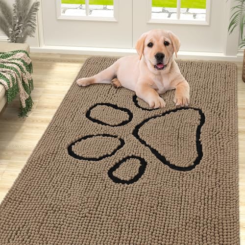 Image of Smiry Dog Door Mat for Muddy Paws, Absorbent Dirt Trapper Non Slip Quick Dry Washable Chenille Mat for Mud Dogs, Entry Rug for Indoor and Outdoor (59x35 Inches, Camel and Black)