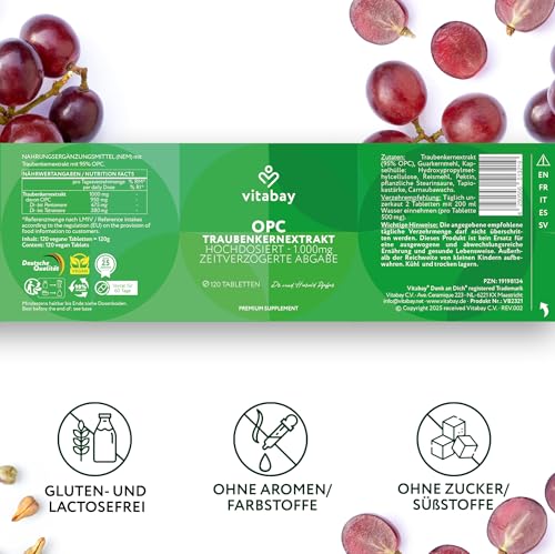 Vitabay OPC Traubenkernextrakt 1000 mg – 240 Kapseln – Hochdosiertes OPC aus Traubenkernen – Time-Released Formel