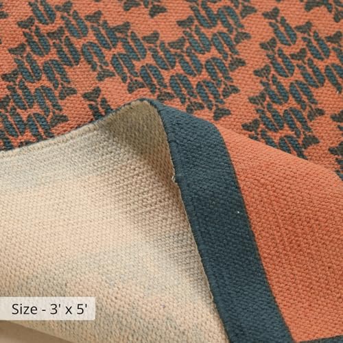 Image of Peepul Tree Handmade Pure Cotton Rugs for Living Room | Multipurpose Carpet for Hall, Bed Room and Corridor | Floor Rugs | Sustainable Dhurrie Rugs | 3x5ft | Teal and Coral | Chintz Collection