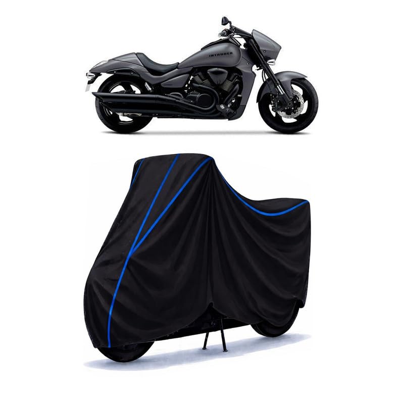 Image of Suzuki Intruder M1800R Bike Cover Water Resistant Universal Motorcycle Rain | Heavy Duty UV Protection, Dust, Scratch Indoor Outdoor All Weather with Black Blue Piping Elastic