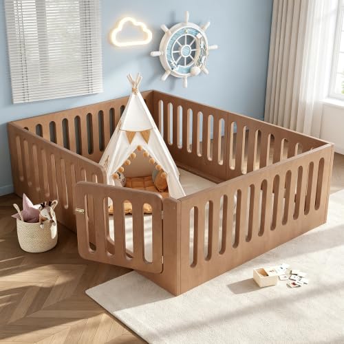 Image of Bellemave Queen Montessori Floor Bed Frame,Brown | Solid wood kids montessori floor bed with high safety fence & door, low to ground design for girls and boys