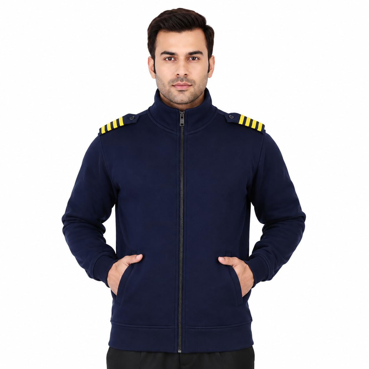 Uniform Blue Sweater Hoodie for Men with Shoulder Epaulettes & Pockets | Full Zip Sweatshirt | Merchant Navy Officer Jacket | Pilot Uniform Winter Sweatshirt | Regular Fit-image-21