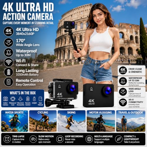Image of 4K Action Camera 16MP with WiFi, 170 Wide Angle, Memory Card Support, Essential Accessories, for Vlogging and YouTube (Pure Black 1)