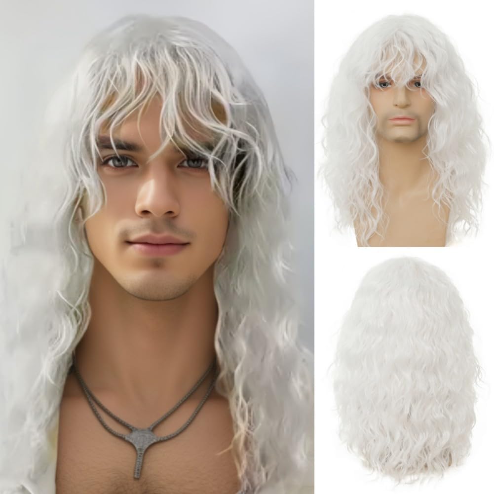 Salaibs Weiß Herren Lange Lockige Perücke mit Pony 70er Jahre 80er Jahre Kinky Lockige Rocker Flauschige Haar Perücken Punk Schwere Perfekte Kunstfaserperücke für Cosplay Halloween Gebrauch