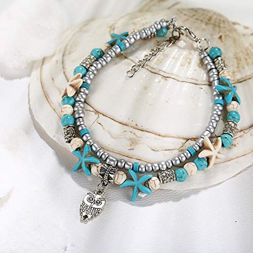 Image of Softones Blue Starfish Turtle Anklet Multilayer Charm Beads Sea Handmade Boho Anklet Foot Jewelry for Women