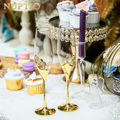Nuptio Nozze Regalo Oro Bicchieri: Set di 2 Bicchieri Champagne Brindisi Flûte Cristallo Matrimonio Anniversario Feste - immagine 3