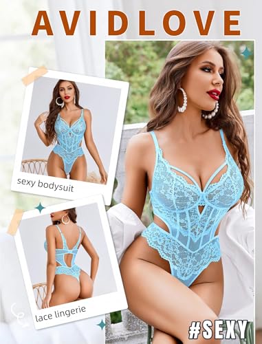 Image of Avidlove Sexy Lingerie for Women Lace Bodysuit Cut Out Snap Crotch Teddy | Seductive floral lace teddy, adjustable straps, scalloped edge, side cutouts, romantic date night wear