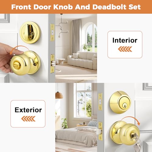 Bouton de porte rond laiton poli double cylindre avec clé Probrico - 5