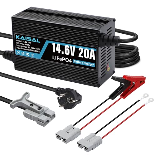 KAISAL 14.6V 20A Cargador de batería LiFePO4, Cargador para 12V /12.8V LiFePO4 Batería de Litio, Múltiples Protecciones de Seguridad, Carga Inteligente Automática