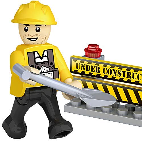 Close-up of a construction worker figure with a shovel and 'Under Construction' sign