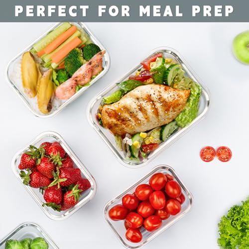 10 Pack Glass Food Storage Containers with Snap-Lock Lids for Meal Prep, 34 oz and 13 oz Sizes - Gray Set for Microwave/Oven/Freezer/Dishwasher - KAMOTA