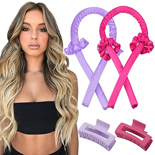 2 Pieces Heatless Hair Rollers No Heat Curls Silk Ribbon Curling Rods Headband Sleep In Overnight Soft Foam Hair Curlers DIY Hair Styling Tools for Long Medium Hair (Hot Pink+Purple)