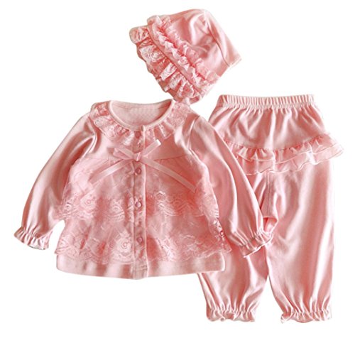 Bekleidung Longra Säugling neugeborenes Mädchen Kleidung Lace Cardigan + Lange Hosen + Mütze Hut Set Outfit Baby Kleidung(0-12Monate) (50CM 0-3Monate, Pink)