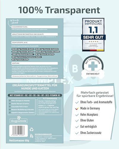 Vitamin B Komplex Hund & Katze [MADE IN GERMANY, ZUCKERFREI & LABORGEPRÜFT] Alle 8 B Vitamine für Hunde B1, B2, B3, B5, B6, B9, B12, K3 unterstützt Nerven, Energie, Fell & Immunsystem (60g (1er Pack))