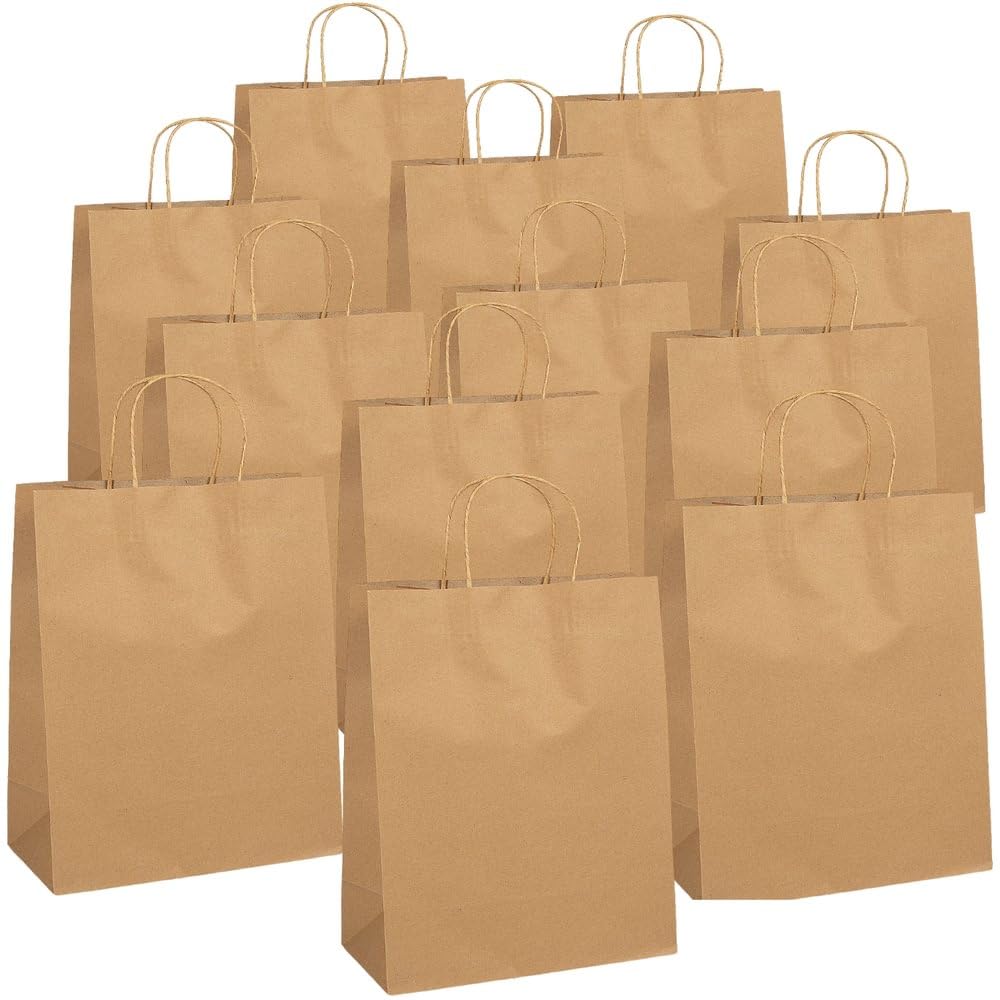 Fun Express Classy Large Brown Kraft Paper Gift Bags - 10.5" x 5.25" x 13" (Pack of 12) - Perfect for Gifting, Shopping, and Party Favors