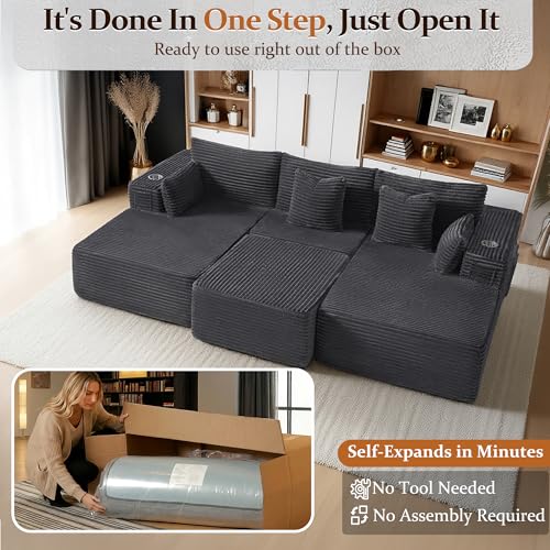 Image of 108 inch Cloud Sectional Couch, Comfort Sleep Sofa for Living Room, Extra Deep Seats No Assembly, Minimalist Modular Couch, Corduroy (Dark Grey, Widen Loveseat Chaise)