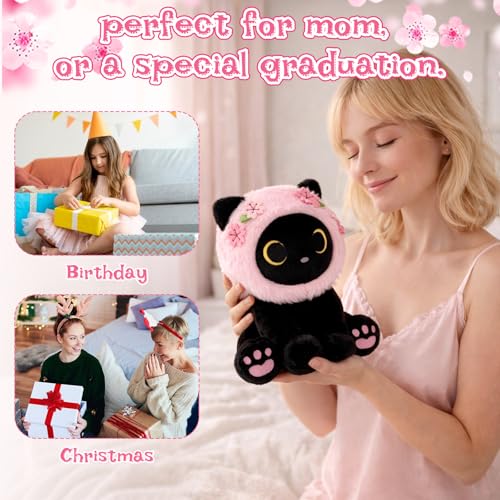 Image of Black Cat Plush with Removable Sakura Flower Hood - 8 inch Cute Stuffed Animal for Spring, Soft Kawaii Cat Plushie, Flower & Cherry Blossom Gift for Girls & Moms