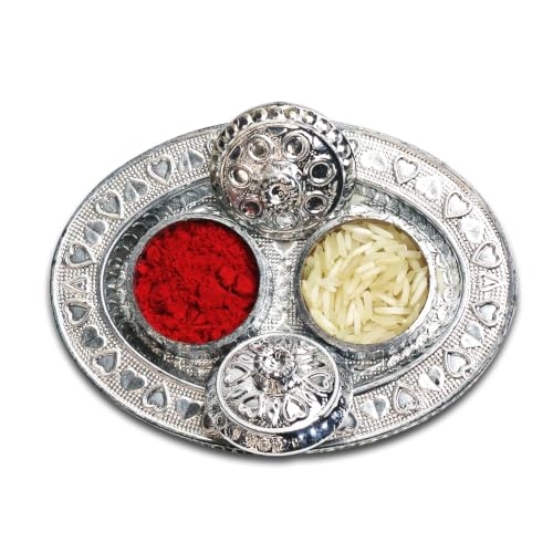 Image of Oblivion Peacock Mor and Mahadev Trishul Rakhi Pair for Brother with Silver Colour Pooja Thali, Roli Chawal, Coin and Greeting Card
