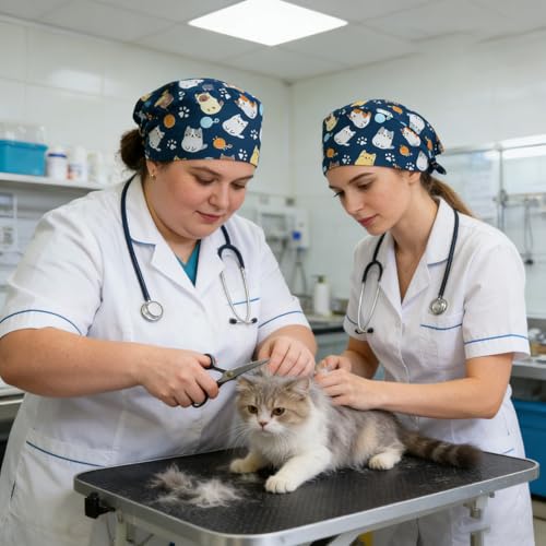THXFUNAREA OP Haube Damen – Arbeitsmütze mit Katzenmotiv, Stoff OP Haube mit Bindeband, OP Hauben für Klinik Praxis Pflege
