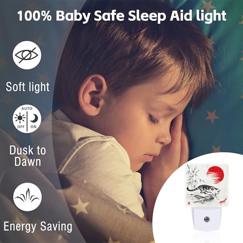 Image of Watercolor Cat and Koi Fish Night Light, Red Sun Bamboo Ink Painting Dusk to Dawn Night Light Plug in,0.5w Energy Saving Sleep Friendly NightLight for Kids Boys Girls Home Decor